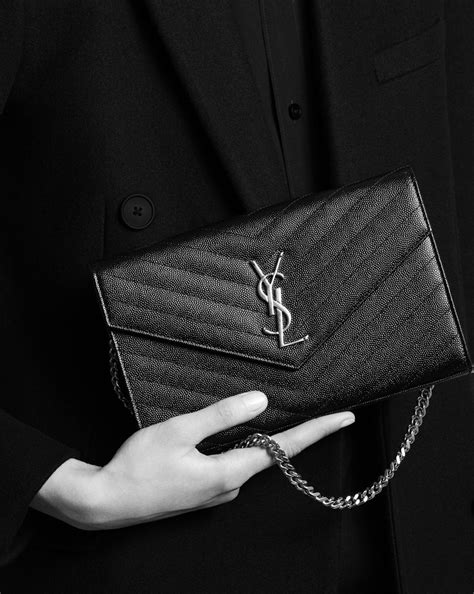 monogram chain wallet ysl black textured matelasse leather|YSL cassandra chain wallet.